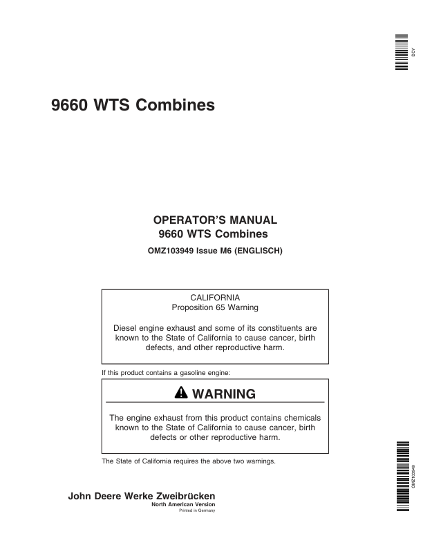 John Deere 9660 WTS Combine (080016-) Operator's Manual (OMZ103949)