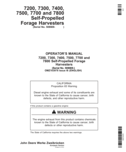 John Deere 7200, 7300, 7400, 7500, 7700 & 7800 Self-Propelled Forage Harvesters Operator's Manual (OMZ103978)