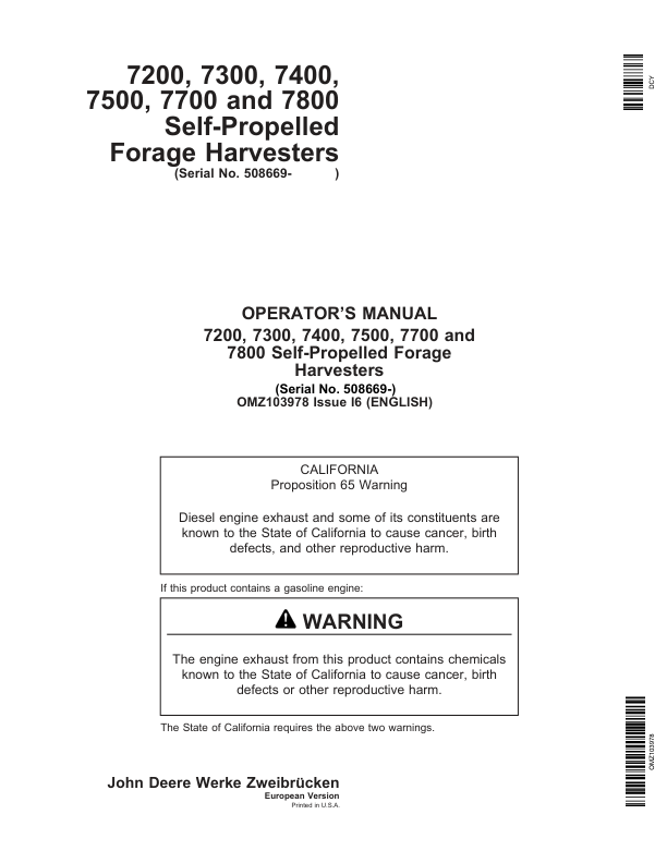 John Deere 7200, 7300, 7400, 7500, 7700 & 7800 Self-Propelled Forage Harvesters Operator's Manual (OMZ103978)