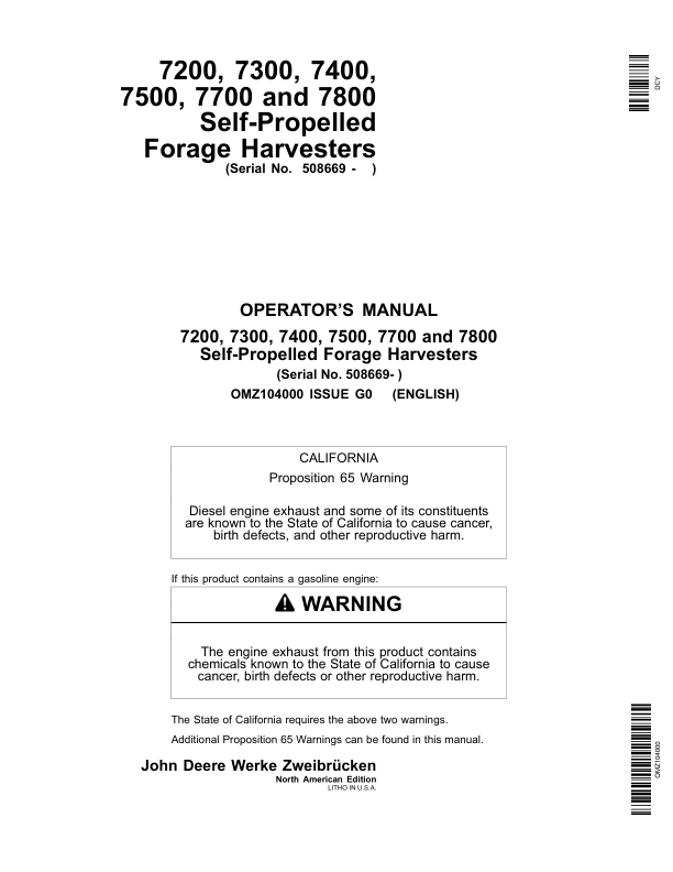 John Deere 7200, 7300, 7400, 7500, 7700 & 7800 Self-Propelled Forage Harvesters Operator's Manual (OMZ104000)