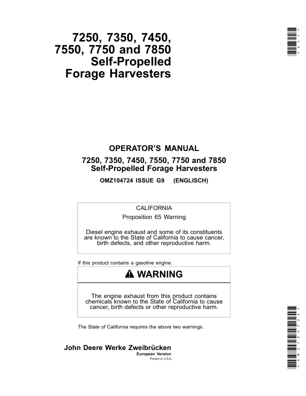 John Deere 7250, 7350, 7450, 7550, 7750 & 7850 Self- Propelled Forage Harvesters Operator's Manual (OMZ104724)