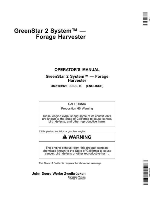 John Deere GreenStar 2 System-Forage Harvesters Operator's Manual (OMZ104923)