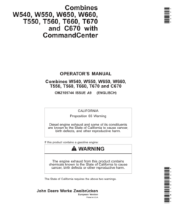 John Deere W540, W550, W650, W660, T550, T560, T660, T670 & C670 Combines w/Command Center Operator's Manual (OMZ105744)