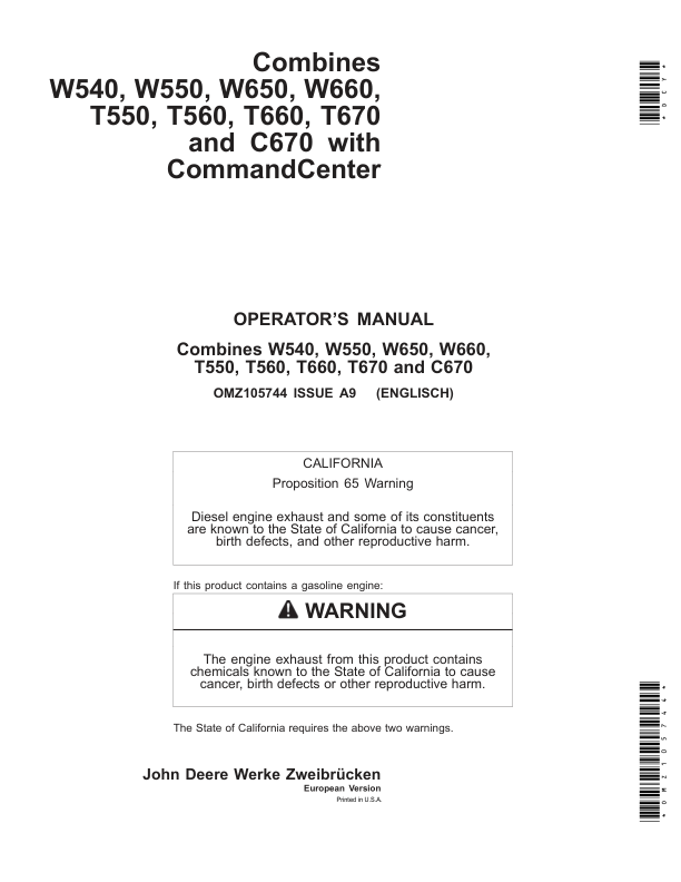 John Deere W540, W550, W650, W660, T550, T560, T660, T670 & C670 Combines w/Command Center Operator's Manual (OMZ105744)