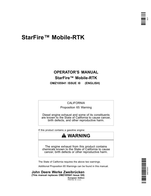 John Deere StarFire Mobile RTK Operator's Manual (OMZ105941)