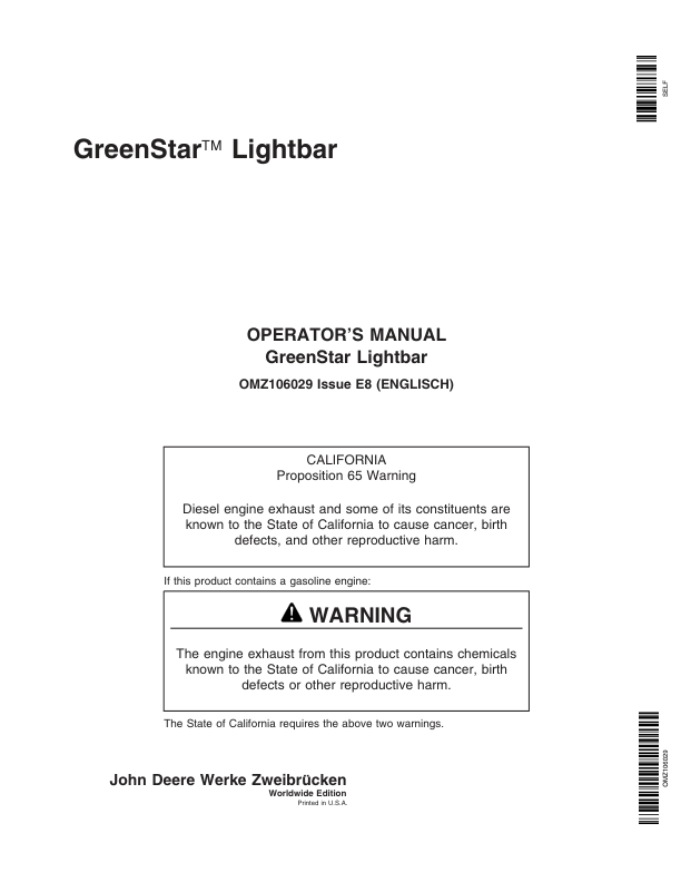 John Deere GreenStar Lightbars Operator's Manual (OMZ106029)