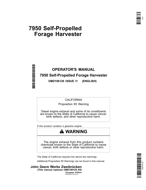 John Deere 7950 Self- Propelled Forage Harvesters Operator's Manual (OMZ106120)