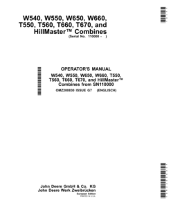 John Deere W540, W550, W650, W660, T550, T560, T660, T670 & HillMaster Combines Operator's Manual (OMZ200830)