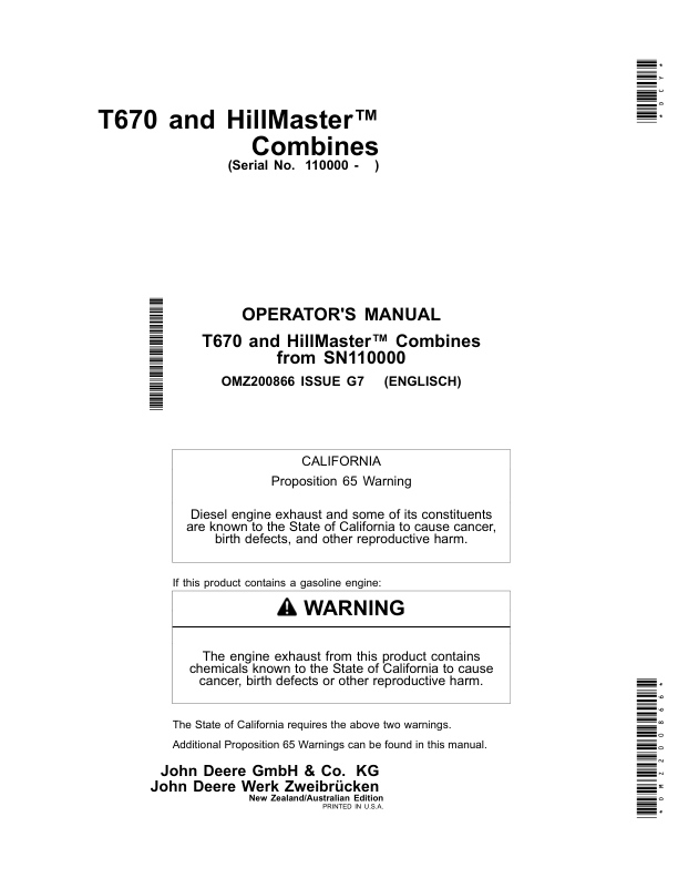 John Deere T670 and T670HillMaster Combines Operator's Manual (OMZ200866)