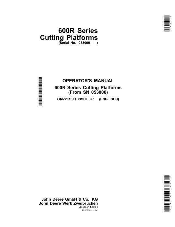 John Deere 616R, 618R, 620R, 622R, 625R, 630R & 635R Cutting Platforms Operator's Manual (OMZ201071)