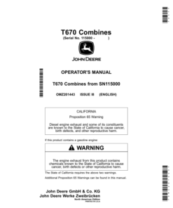 John Deere T670 Combines Operator's Manual (OMZ201443)