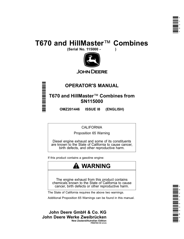 John Deere T670 and HillMasterâ„¢ Combines Operator's Manual (OMZ201446)