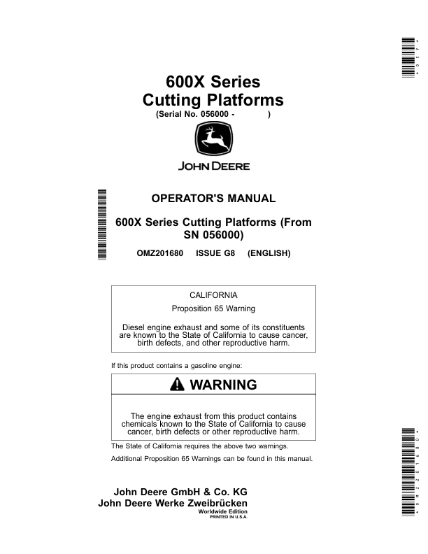 John Deere 622X, 625X, 630X, 635X & 640X Cutting Platforms Operator's Manual (OMZ201680)