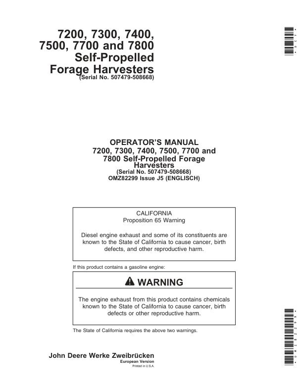 John Deere 7200, 7300, 7400, 7500, 7700 & 7800 Self-Propelled Forage Harvesters Operator's Manual (OMZ82299)