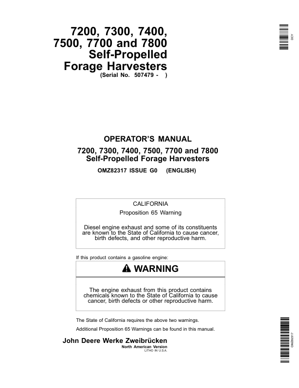John Deere 7200, 7300, 7400, 7500, 7700 & 7800 Self-Propelled Forage Harvesters Operator's Manual (OMZ82317)