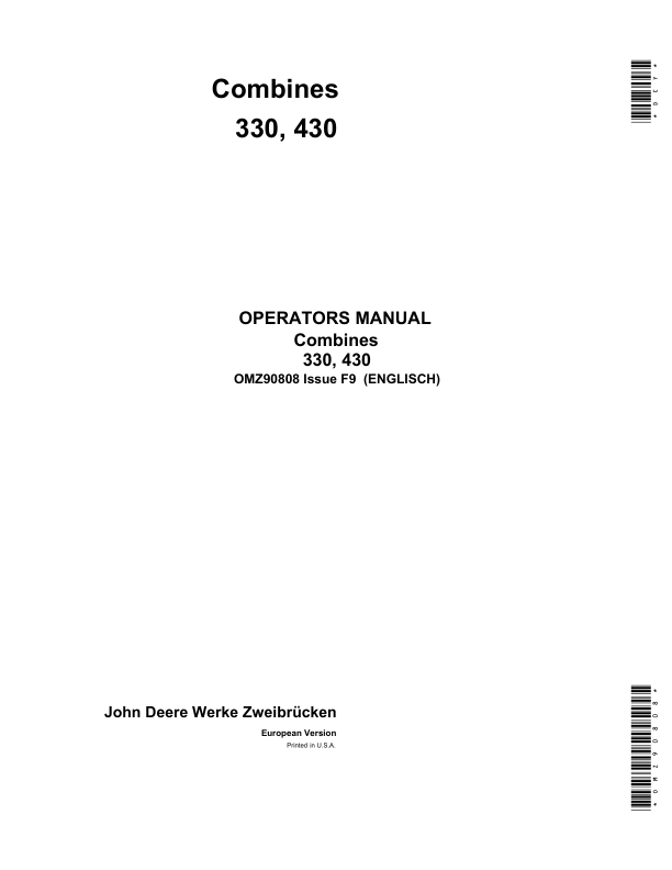 John Deere 330 & 430 Combines Operator's Manual (OMZ90808)