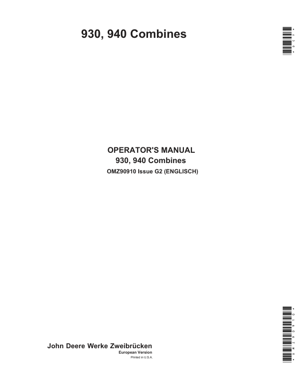John Deere 930 & 940 Combines Operator's Manual (OMZ90910)
