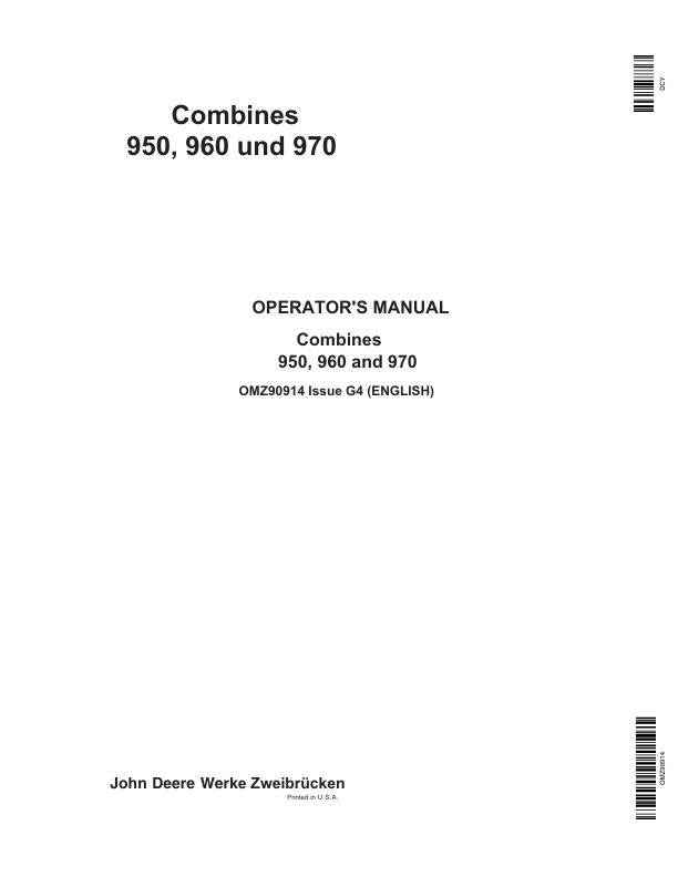 John Deere 950, 960 & 970 Combines Operator's Manual (OMZ90914)