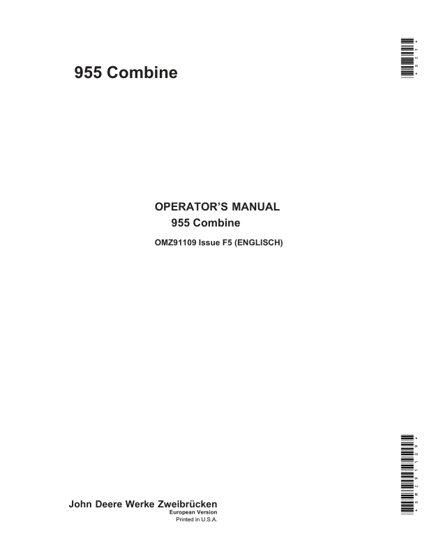 John Deere 955 Combines Operator's Manual (OMZ91109)