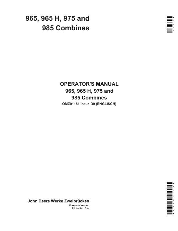 John Deere 965, 965H, 975 & 985 Combines Operator's Manual (OMZ91181)
