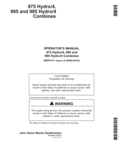 John Deere 975 Hydro/4, 985 & 985 Hydro/4 Combines Operator's Manual (OMZ91311)