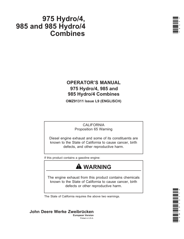 John Deere 975 Hydro/4, 985 & 985 Hydro/4 Combines Operator's Manual (OMZ91311)