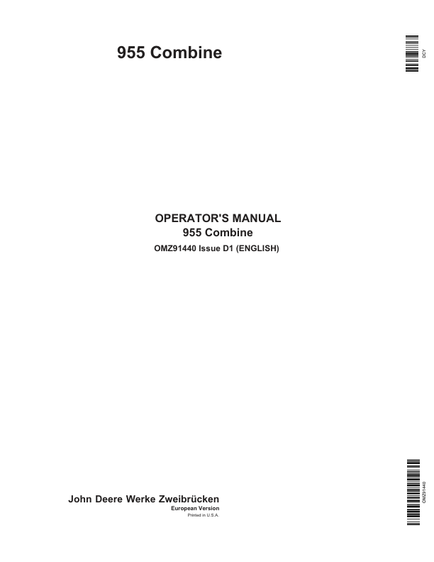 John Deere 955 Combines Operator's Manual (OMZ91440)