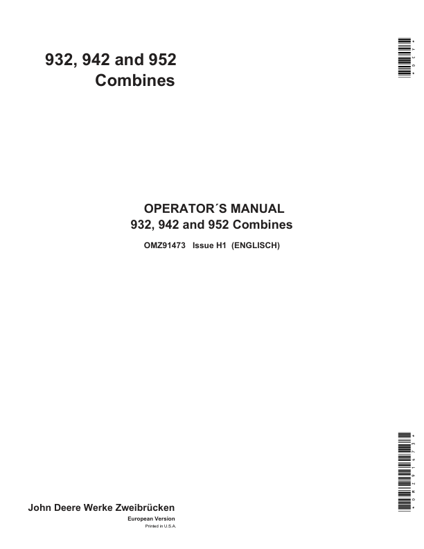 John Deere 932, 942 & 952 Combines Operator's Manual (OMZ91473)