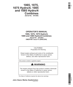 John Deere 1065, 1075, 1075 Hydro / 4, 1085, 1085 Hydro / 4 Combines Operator's Manual (OMZ91497)