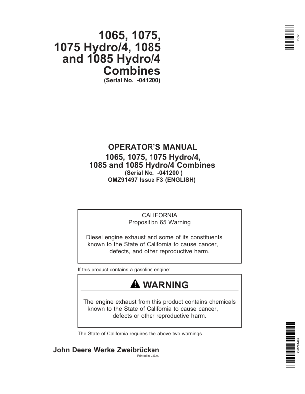 John Deere 1065, 1075, 1075 Hydro / 4, 1085, 1085 Hydro / 4 Combines Operator's Manual (OMZ91497)