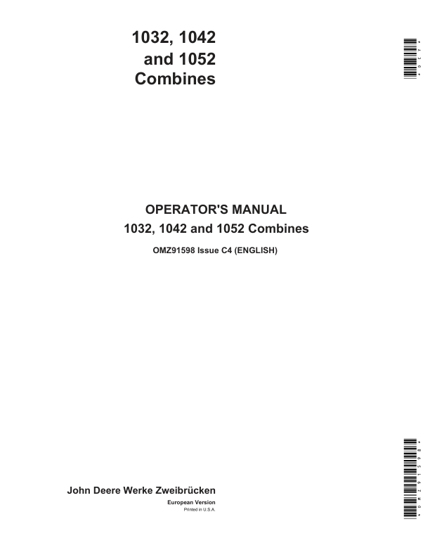 John Deere 1032, 1042 & 1052 Combine Harvesters Operator's Manual (OMZ91598)
