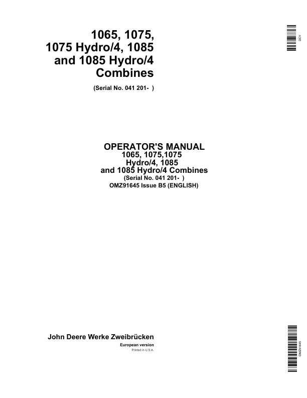 John Deere 1065, 1075, 1075 Hydro / 4, 1085, 1085 Hydro / 4 Combines Operator's Manual (OMZ91645)