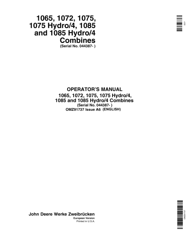 John Deere 1065, 1072, 1075, 1075 Hydro / 4, 1085 & 1085 Hydro / 4 Combines Operator's Manual (OMZ91737)