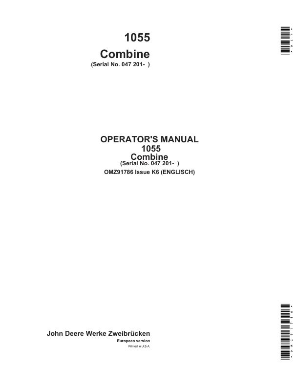 John Deere 1055 Combines Operator's Manual (OMZ91786)