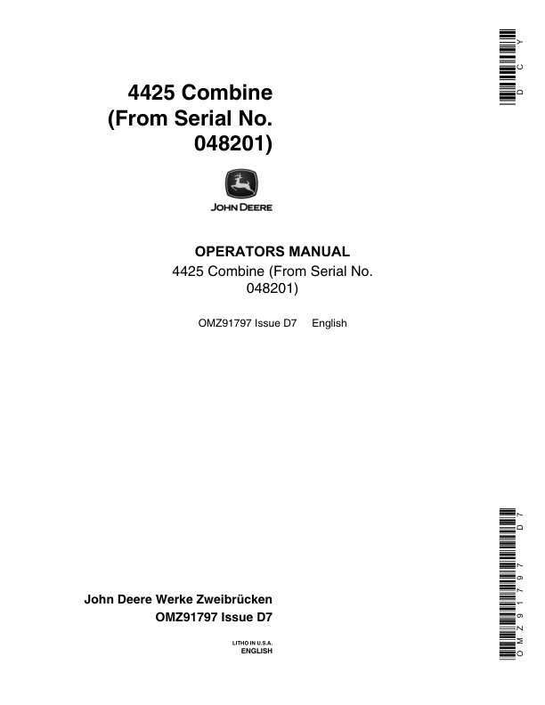 John Deere 4425 Combines Operator's Manual (OMZ91797)