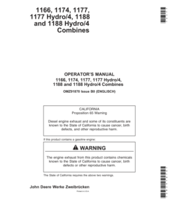 John Deere 1166, 1174, 1177, 1177 Hydro/4, 1188 & 1188 Hydro/4 Combines Operator's Manual (OMZ91870)