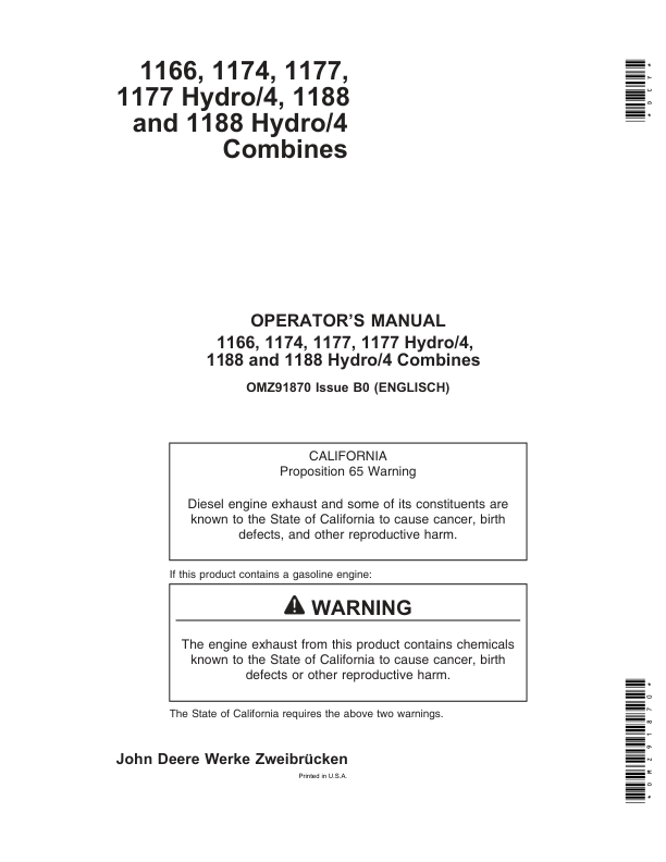 John Deere 1166, 1174, 1177, 1177 Hydro/4, 1188 & 1188 Hydro/4 Combines Operator's Manual (OMZ91870)