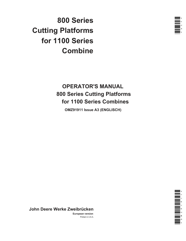 John Deere 800 Series Cutting Platforms for 1100 Series Combines Operator's Manual (OMZ91911)
