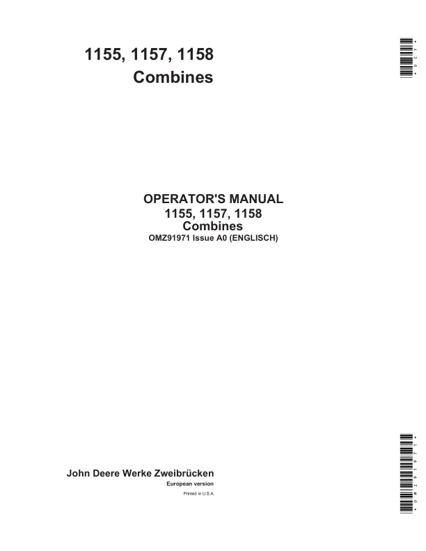 John Deere 1155, 1157 & 1158 Combines Operator's Manual (OMZ91971)