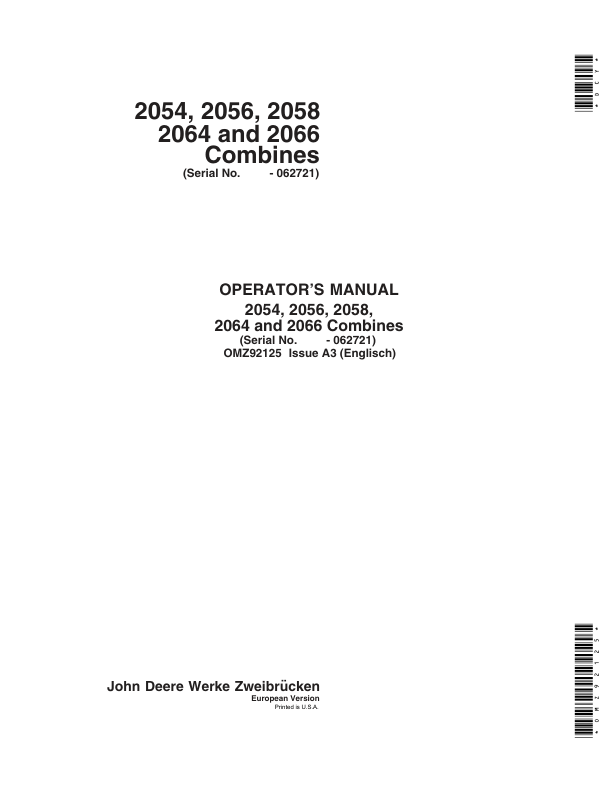 John Deere 2054, 2056, 2058, 2064 & 2066 Combines Operator's Manual (OMZ92125)