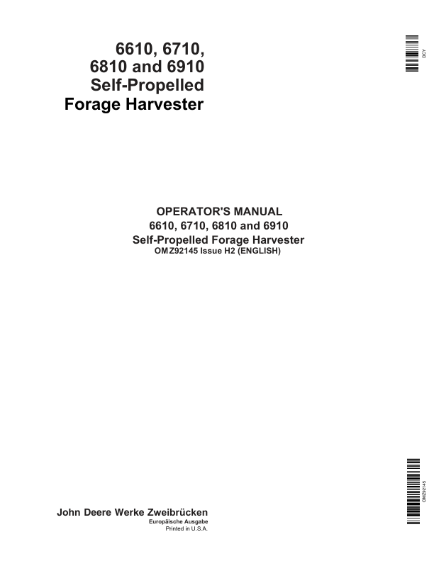John Deere 6610, 6710, 6810 & 6910 Self-Propelled Forage Harvesters Operator's Manual (OMZ92145)