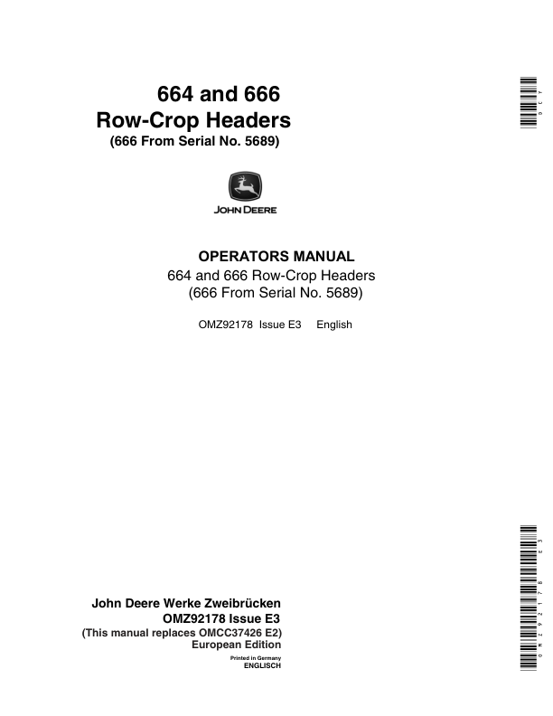 John Deere 664 & 666 Row Crop Headers Operator's Manual (OMZ92178)