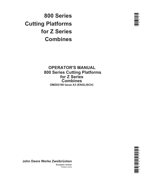 John Deere 800 Series Cutting Platforms for Z Series Combines Operator's Manual (OMZ92190)