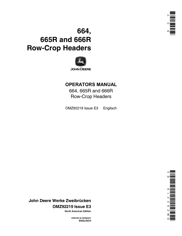 John Deere 664, 665R & 666R Row-crop Headers Operator's Manual (OMZ92219)