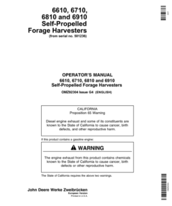 John Deere 6610, 6710, 6810 & 6910 Self-Propelled Forage Harvesters Operator's Manual (OMZ92304)