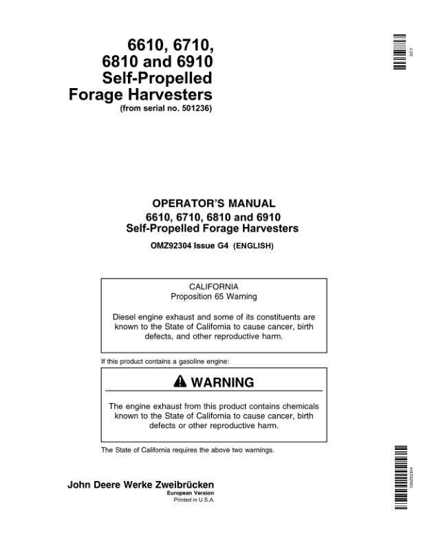 John Deere 6610, 6710, 6810 & 6910 Self-Propelled Forage Harvesters Operator's Manual (OMZ92304)