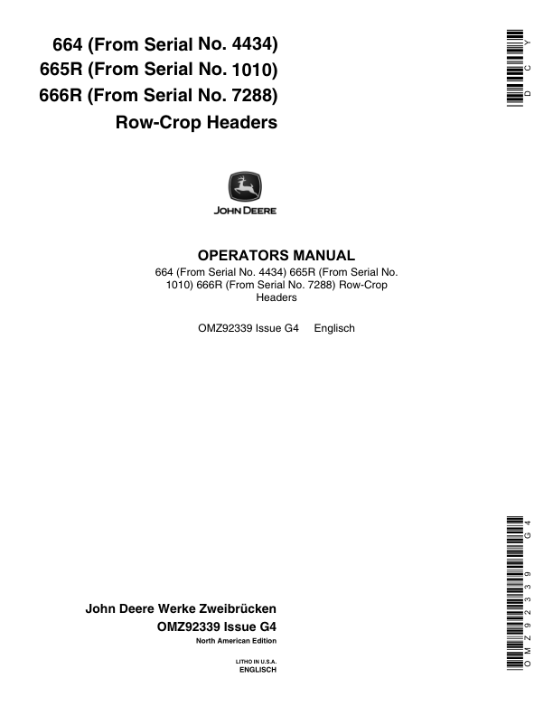 John Deere 664, 665R, 666R Row Crop Headers Operator's Manual (OMZ92339)