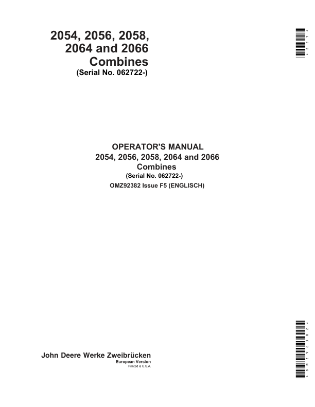John Deere 2054, 2056, 2058, 2064 & 2066 Combines Operator's Manual (OMZ92382)