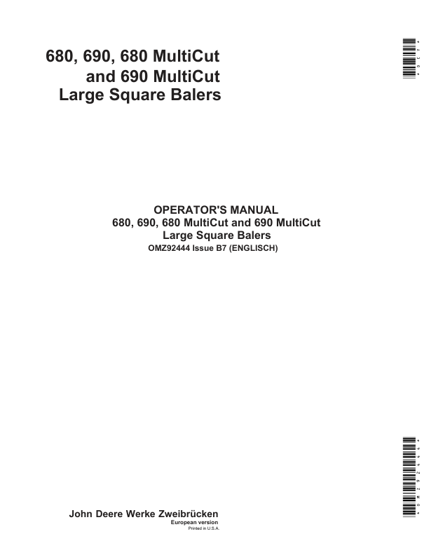 John Deere 680, 690, 680 & 690 MultiCut MultiCut Large Square Balers Operator's Manual (OMZ92444)