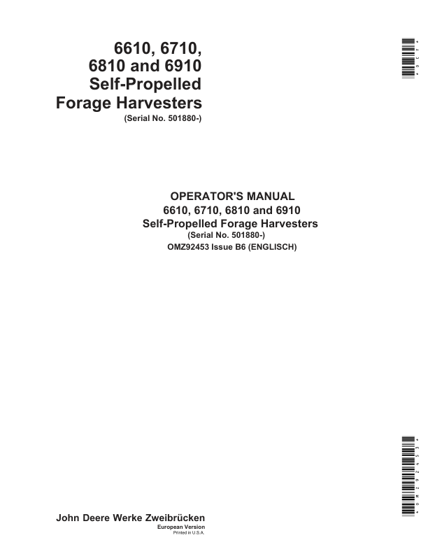 John Deere 6610, 6710, 6810 & 6910 Self-Propelled Forage Harvesters Operator's Manual (OMZ92453)